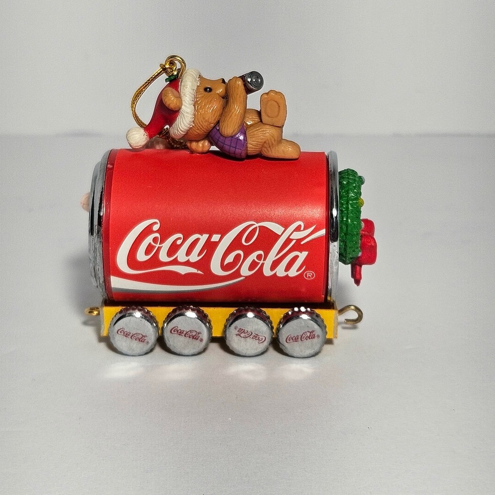 Vintage 1996 Coca-Cola Enesco Christmas Ornament Bear Coke Can Train Car w/ Box